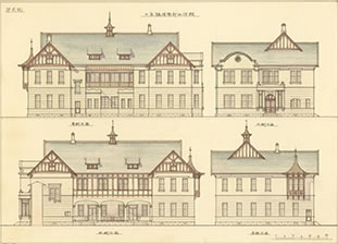 「日本橋倶楽部西洋館」（右）の彩色設計図
