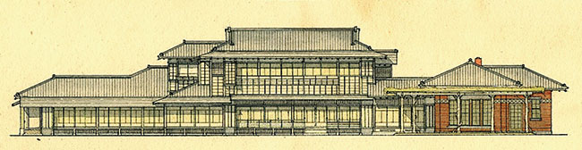 福原邸（1918年/東京府目黒町）。出典『彩色設計図集』。右側がれんが造の洋館